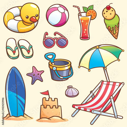 Cartoon beach day toys drinks and fun in the sun