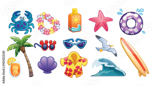 Summer Beach Fun Icons A vibrant collection of beach essentials and oceanic delights