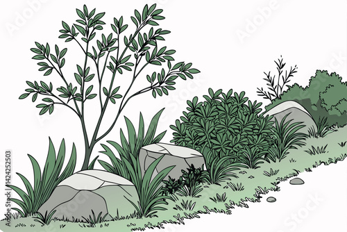 Wallpaper Mural 13 Lush green bushes, natural stone boulders, landscape design elements, verdant foliage, isolated on white background, detailed vegetation, garden border, photorealistic rendering, soft lighting, hig Torontodigital.ca