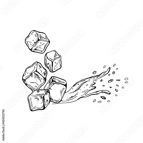 Dynamic vector illustration of ice cubes falling downward with explosive water splashes bursting from below. Frozen water cubes line art black ink sketch for labels, posters, or beverage branding