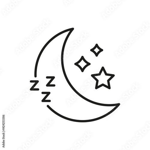 Crescent Moon With Stars And Sleep Symbol Line Icon. Nighttime Rest, Sleep Quality, And Relaxation Outline Symbol. Dream And Sleep Tracking. Editable Stroke. Isolated Vector Illustration
