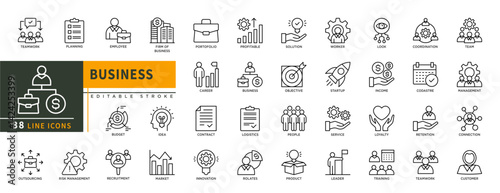 Minimalist Business line icon set with editable stroke, featuring teamwork, planning, employee, firm of business, portofolio, career, idea, contract, budget, objective, thin linear illustration.