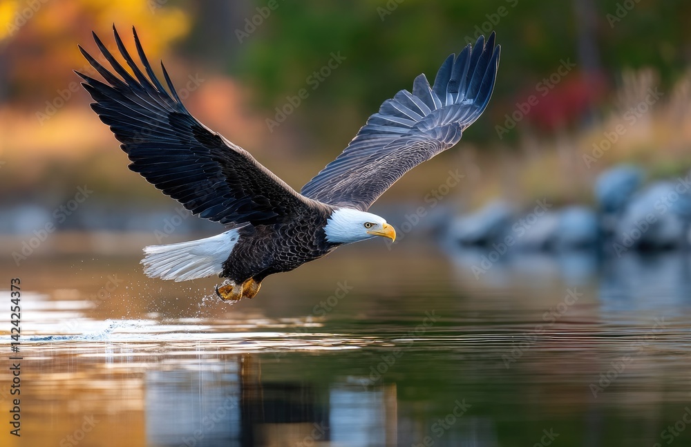 Obraz premium A bald eagle with its wings spread wide, about to catch a fish in the water
