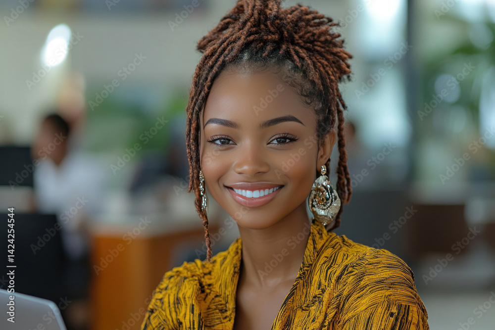 Portrait of a young smiling woman with neat dreadlocks, wearing a bright yellow shirt with a distinctive pattern.