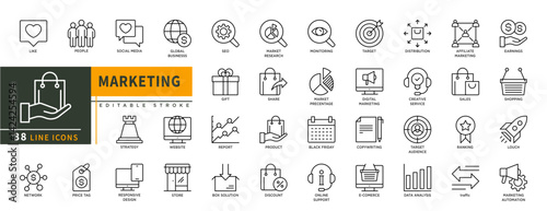 Minimalist Marketing line icon set with editable stroke, featuring like, people, social media, global business, SEO, gift, store, strategy, discount, market precentage, product, sales. illustration.