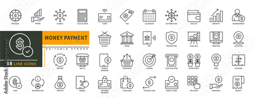 Minimalist Money Payment line icons set with editable stroke, featuring process, trend, global, calculator, tag, NFT, bank, protection, investment, credit card, pin code. thin linear illustration.