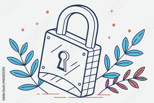 Stylized Padlock Illustration With Botanical Accents Security And Floral Design