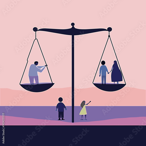 Scales with parents and child as symbol of family imbalance
