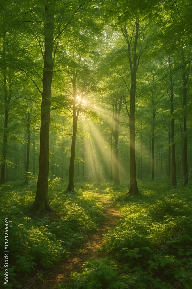 Fototapeta premium A high-resolution, photorealistic image of a vibrant green forest with tall trees and dense foliage.