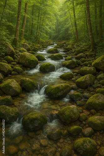 A photorealistic image of a crystal-clear forest stream flowing gently over moss-covered rocks.