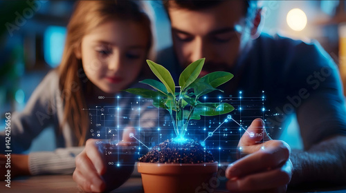 An 8K cinematic depiction of a family using energyefficient technologies in their home with digital overlays showing renewable energy usage with space for text