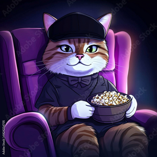 Cat in a cap eating popcorn and watching movie in armchair


