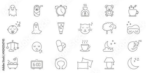 Sleep And Relaxation Line Icon Set. Bedtime Routine, Restful Sleep, And Relaxation Symbols Collection. Sleep Aids, Nighttime Rituals, And Comfort Items. Editable Stroke. Isolated Vector Illustration