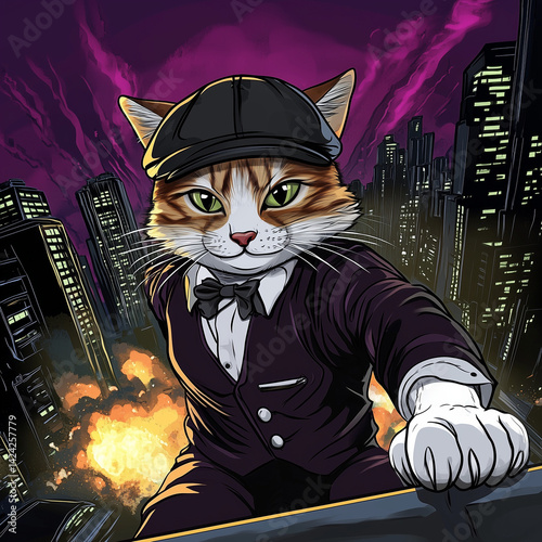 Cat in a cap climbing skyscraper wall with city in background

