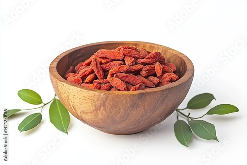 Dried goji berries in a wooden bowl, isolated on a white background with green leaves, front view.
