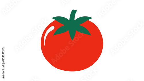 Simplistic Illustration of a Fresh Red Tomato with Green Leaves, Fresh red tomato illustration with vibrant green leaves