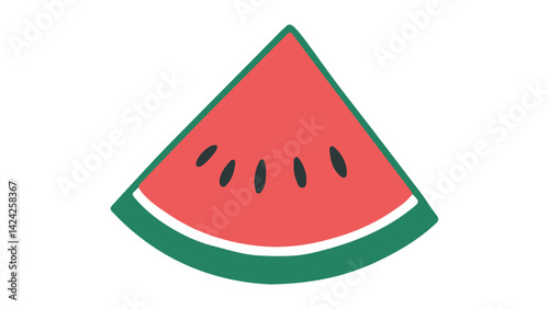 Cartoon Style Illustration of a Watermelon Slice with Seeds, Colorful vector illustration of a watermelon slice with vibrant green rind and red flesh