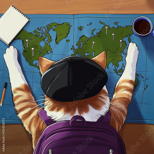 Cat in a cap looking at world map with coffee and notebook


