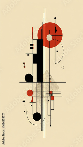 Vector abstract art, simple shapes and lines in red, black, white and gray colors on a light background, geometric shapes, simple design, modern.