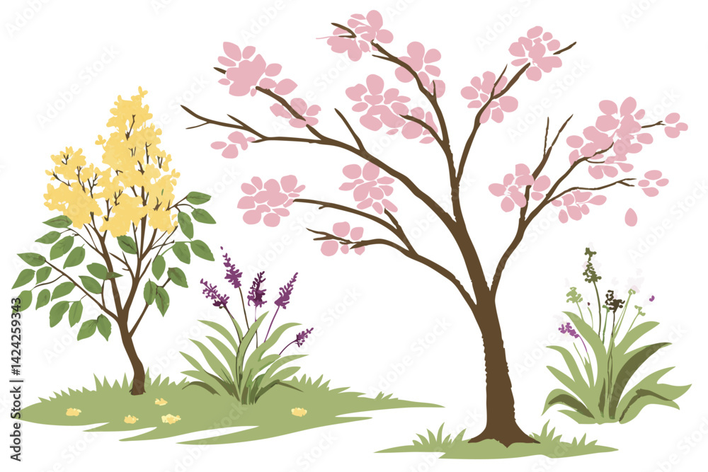 Obraz premium 14 Watercolor trees and bushes, vibrant spring colors, botanical illustration, pastel pink cherry blossom, lush yellow forsythia, delicate purple lilac, green foliage, isolated flora elements, landsca