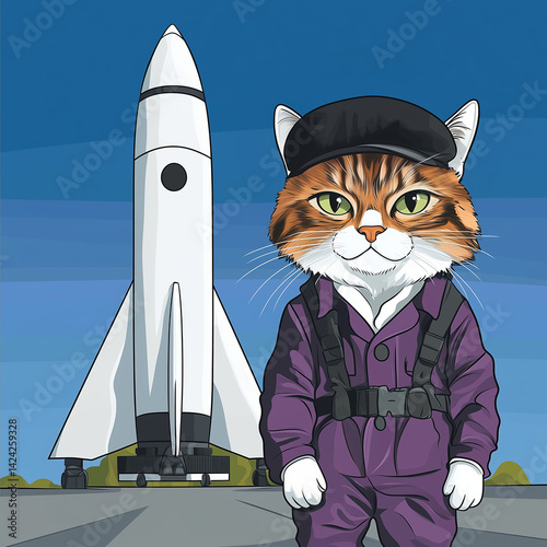 Cat in a cap wearing spacesuit near rocket on launchpad

