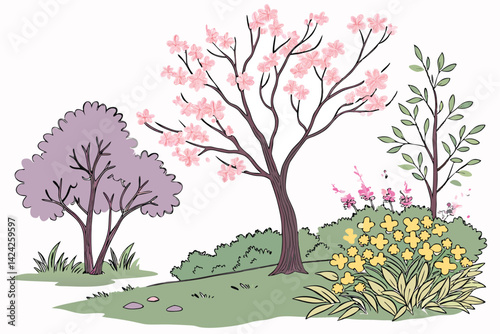 14 Watercolor trees and bushes, vibrant spring colors, botanical illustration, pastel pink cherry blossom, lush yellow forsythia, delicate purple lilac, green foliage, isolated flora elements, landsca