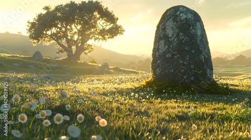 Moss covered ancient stones and wildflowers