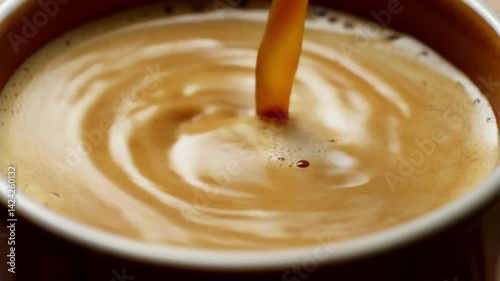 Close-up of steaming coffee being poured into a ceramic cup, creating swirls of rich brown tones. Warm, inviting atmosphere