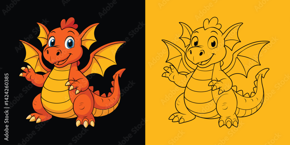 Fototapeta premium Cute Cartoon Dragon Character - Color and Line Art Version
