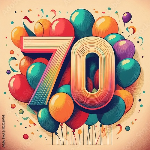 Number 70 with balloons. Retro style illustration for seventieth birthday or anniversary