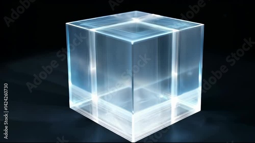 An abstract transparent cube with glowing blue edges rotates slowly on a dark surface. Represents data, technology, or digital concepts in a futuristic style. Seamless loop background