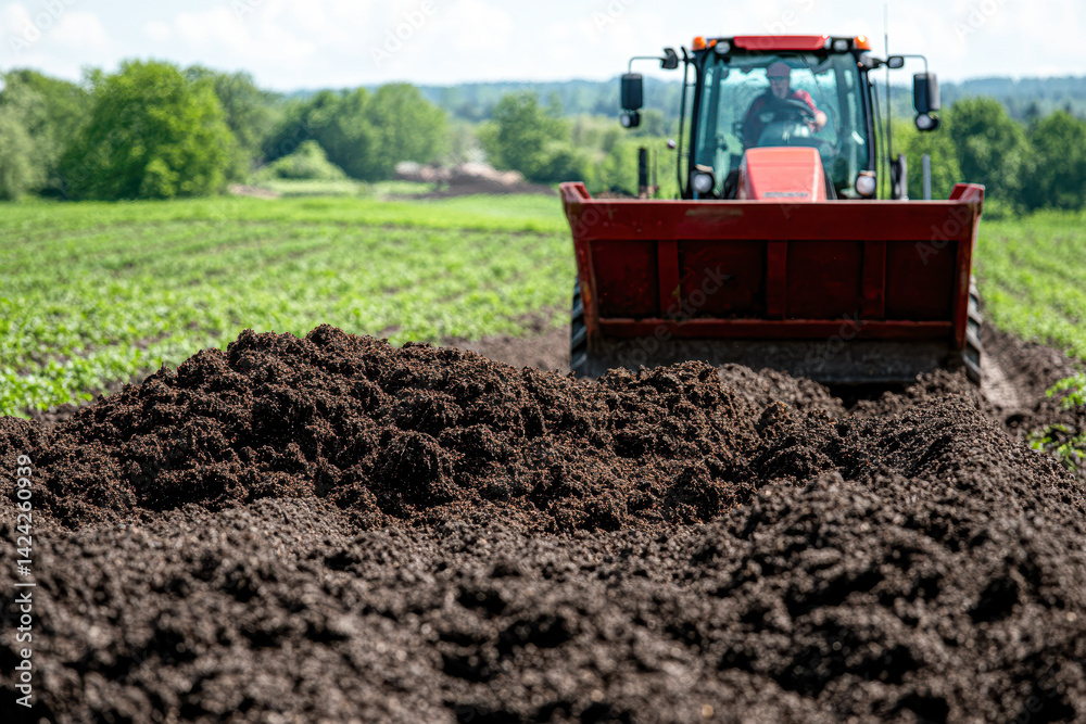 Obraz premium Tractor plowing a field, preparing soil for planting crops under a clear sky.