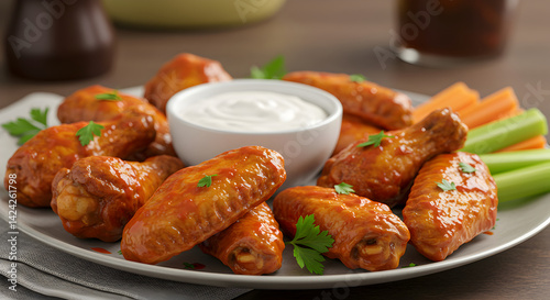 Appetizing Buffalo Chicken Wings Served with Ranch Dip and Fresh Vegetables