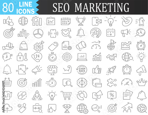 SEO & Marketing Line Icons Collection — Large Flat Design UI Set, Thin Outline Vector Pack for Digital Strategy & Promotion | EPS10