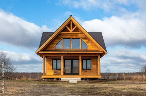 Modern A-Frame Cabin in Rural Landscape with Blue Sky