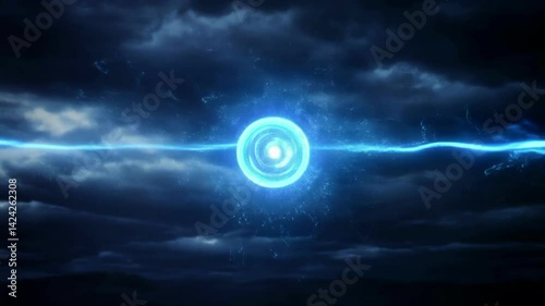A dynamic blue energy orb pulsating in a stormy sky, surrounded by swirling dark clouds and electric currents