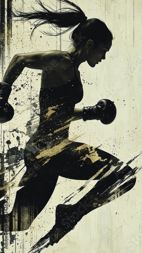 Dynamic female athlete with a ponytail practicing strength training with dumbbells in a gritty, urban gym environment showcasing power and determination