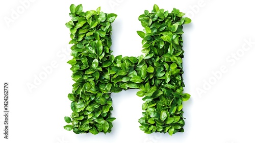 Letter H made of fresh green leaves isolated on white background. Nature alphabet.