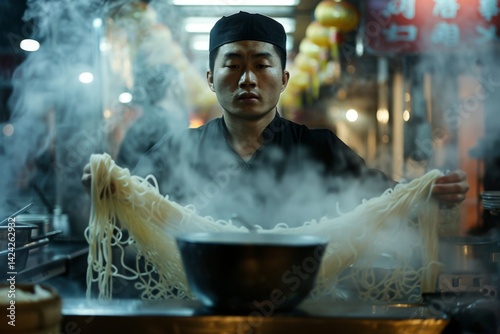 Chinese cook making hand-pulled noodles, dramatic stretching, food alley photo