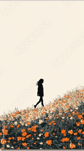 Silhouette of a girl walking along a hillside covered in orange and white flowers, with a vast open sky in the background, creating a peaceful and scenic landscape scene