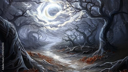 Enchanted Forest Pathway Under Moonlight Glow and Mystical Atmosphere