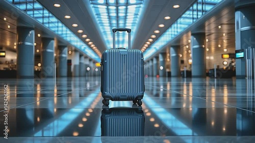 The Journey's Beginning: A singular suitcase, the harbinger of adventure, stands poised in the vast, modern expanse of an airport terminal, reflecting the sleek.