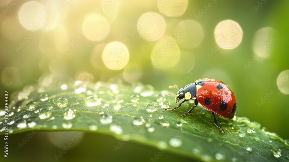 Obraz premium Ladybug Crawling on Dew-Kissed Leaf in the Morning Light Close Up Shot