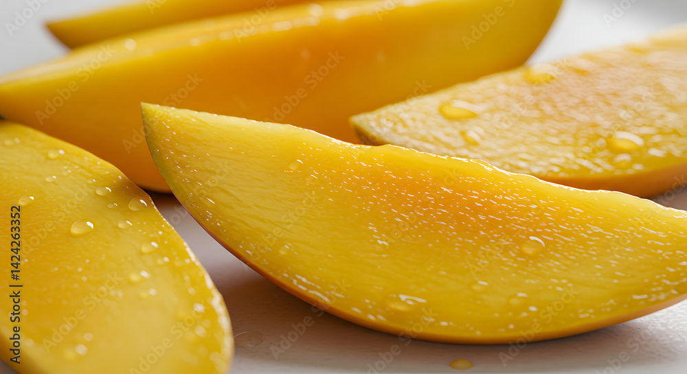 Fresh Mango Slices Displaying Vibrant Color and Refreshing Water Droplets Fresh Mango Slices Displaying Vibrant Color and Refreshing Water Droplets