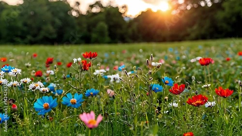 Vibrant Meadow with Colorful Wildflowers Under Sunset Light