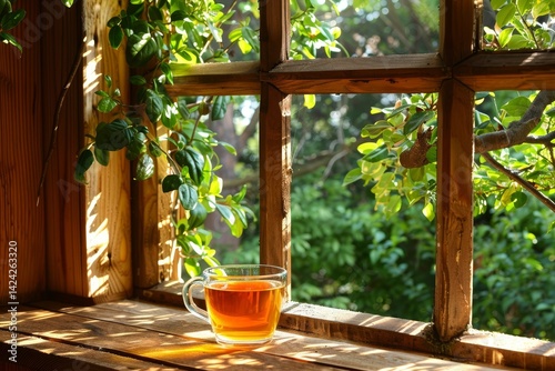 Cup of Tea on Wooden Window Sill with Lush Green Garden View, Peaceful Morning Concept