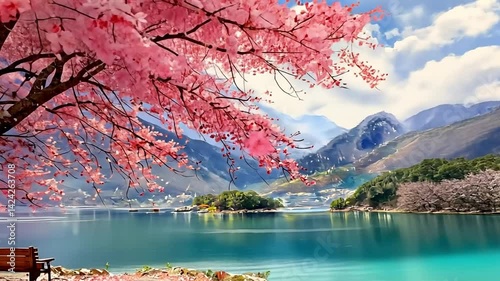 Serene Lake View with Pink Blossoms and Mountains Under Blue Sky