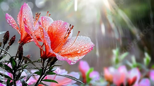 Fresh Blooming Pink Azalea Petals with Dew Drops and Sunlight
