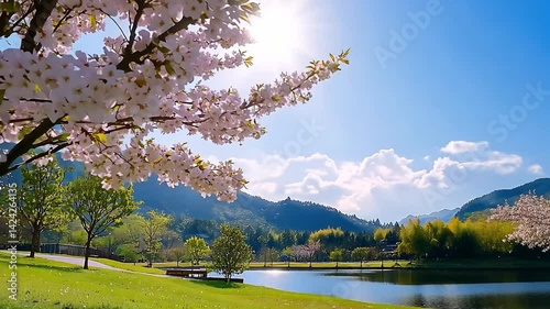 Serene Spring Landscape with Blooming Cherry Trees and Blue Sky