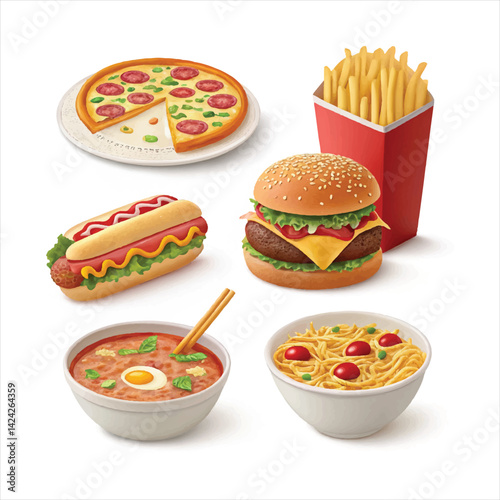 Flying Asian Food Vector | Cartoon Noodles, Sushi, Wok Stir Fry, Takeaway Box Clipart